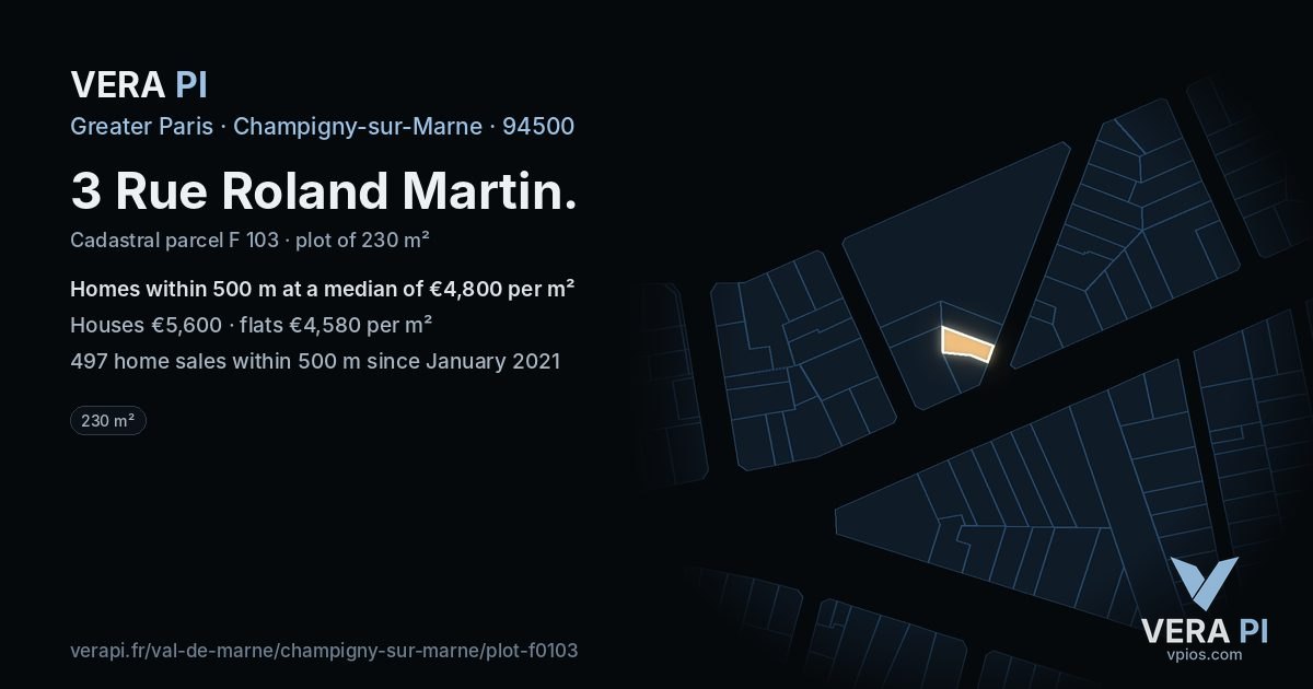 3 Rue Roland Martin, Champigny-sur-Marne at night – the plot lit, the parcels around coloured by the prices near them