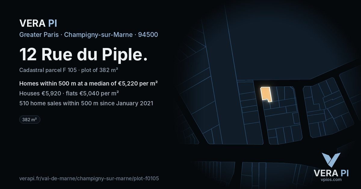 12 Rue du Piple, Champigny-sur-Marne at night – the plot lit, the parcels around coloured by the prices near them