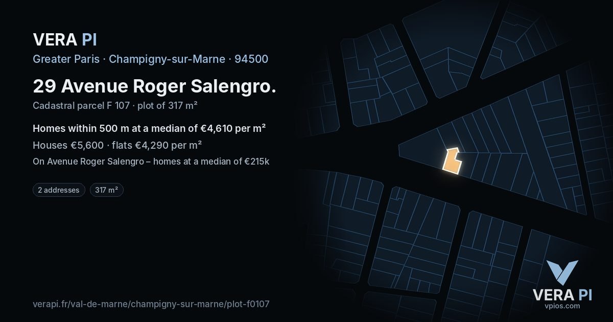 29 Avenue Roger Salengro, Champigny-sur-Marne at night – the plot lit, the parcels around coloured by the prices near them