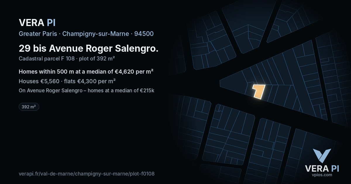 29 bis Avenue Roger Salengro, Champigny-sur-Marne at night – the plot lit, the parcels around coloured by the prices near them