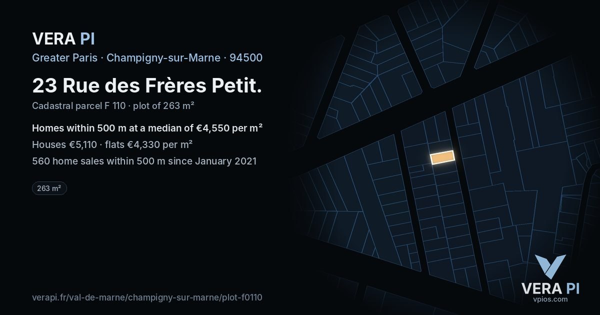 23 Rue des Frères Petit, Champigny-sur-Marne at night – the plot lit, the parcels around coloured by the prices near them