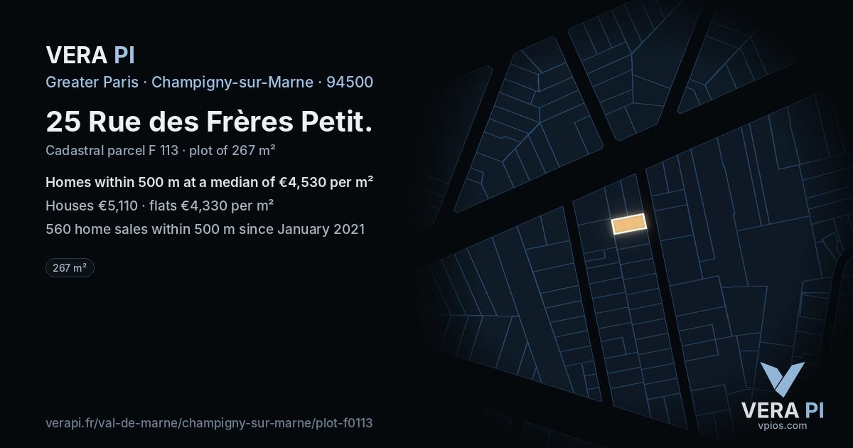 25 Rue des Frères Petit, Champigny-sur-Marne at night – the plot lit, the parcels around coloured by the prices near them