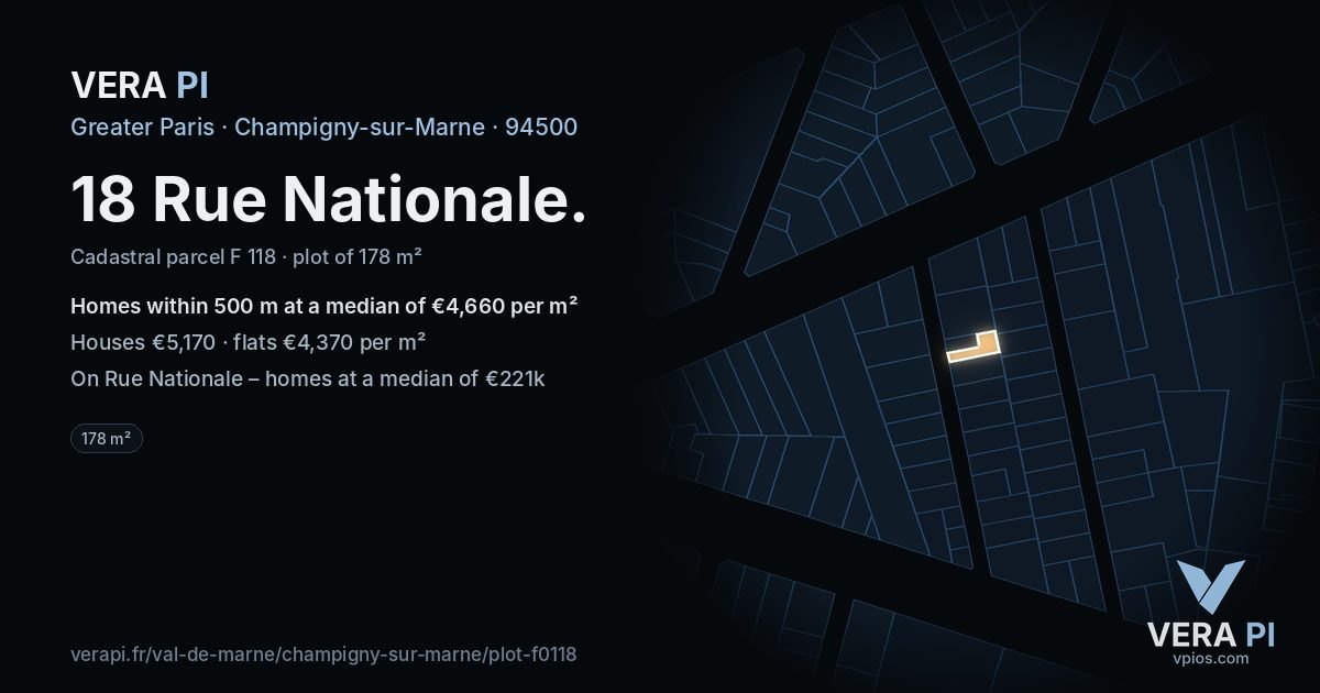 18 Rue Nationale, Champigny-sur-Marne at night – the plot lit, the parcels around coloured by the prices near them