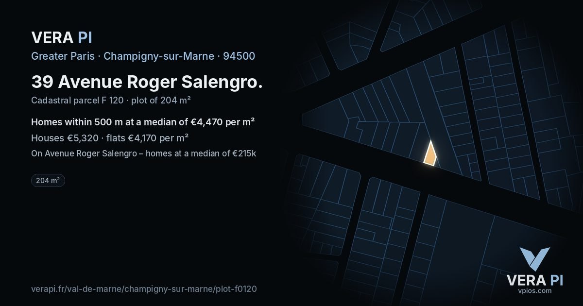 39 Avenue Roger Salengro, Champigny-sur-Marne at night – the plot lit, the parcels around coloured by the prices near them