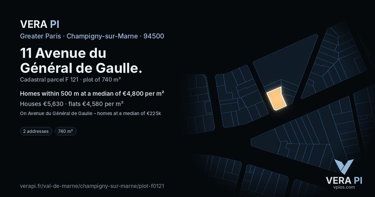 11 Avenue du Général de Gaulle, Champigny-sur-Marne at night – the plot lit, the parcels around coloured by the prices near them