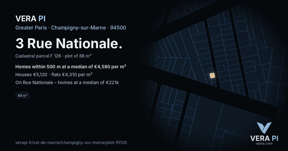 3 Rue Nationale, Champigny-sur-Marne at night – the plot lit, the parcels around coloured by the prices near them
