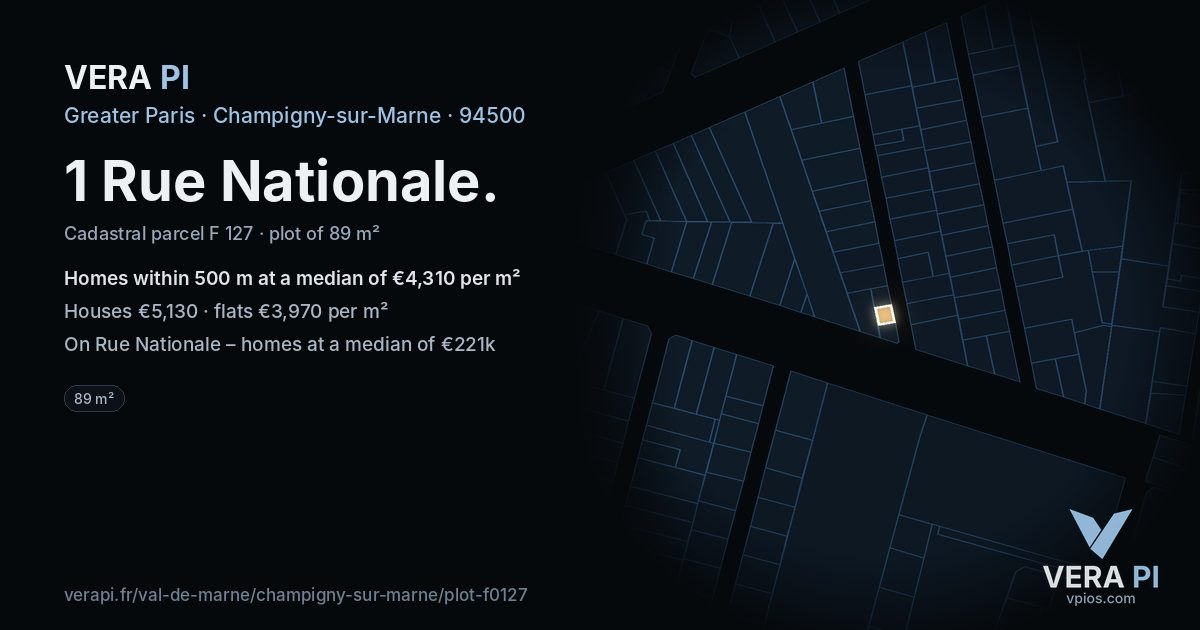 1 Rue Nationale, Champigny-sur-Marne at night – the plot lit, the parcels around coloured by the prices near them