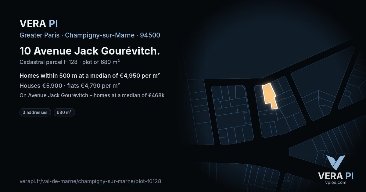 10 Avenue Jack Gourévitch, Champigny-sur-Marne at night – the plot lit, the parcels around coloured by the prices near them