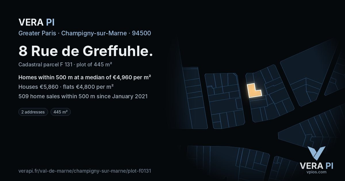 8 Rue de Greffuhle, Champigny-sur-Marne at night – the plot lit, the parcels around coloured by the prices near them