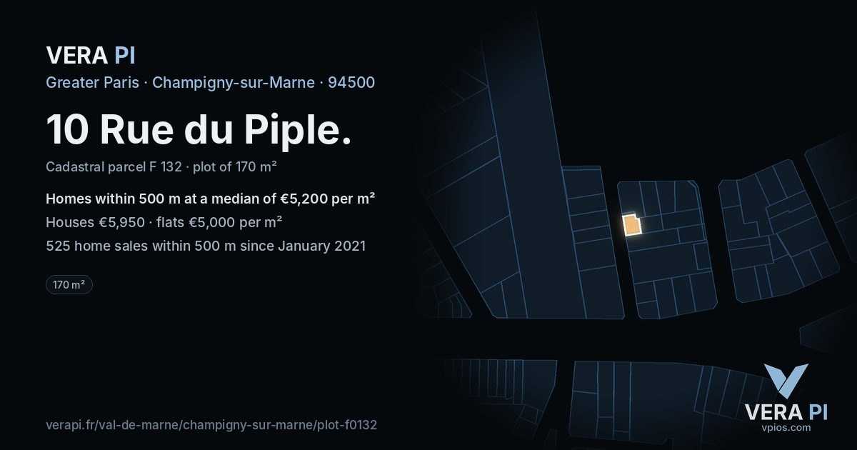 10 Rue du Piple, Champigny-sur-Marne at night – the plot lit, the parcels around coloured by the prices near them