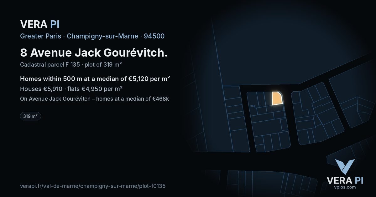 8 Avenue Jack Gourévitch, Champigny-sur-Marne at night – the plot lit, the parcels around coloured by the prices near them