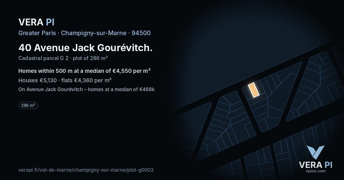 40 Avenue Jack Gourévitch, Champigny-sur-Marne at night – the plot lit, the parcels around coloured by the prices near them