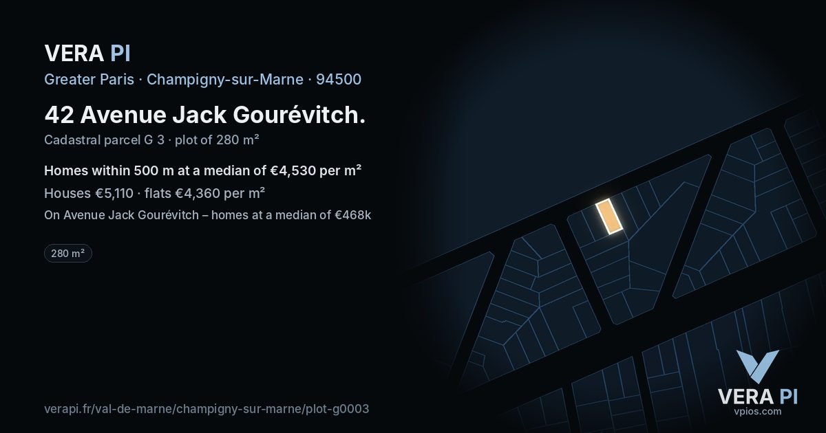 42 Avenue Jack Gourévitch, Champigny-sur-Marne at night – the plot lit, the parcels around coloured by the prices near them