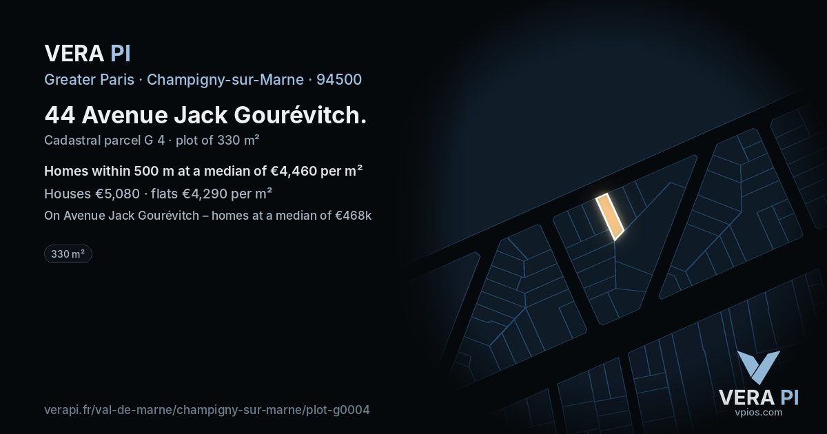 44 Avenue Jack Gourévitch, Champigny-sur-Marne at night – the plot lit, the parcels around coloured by the prices near them