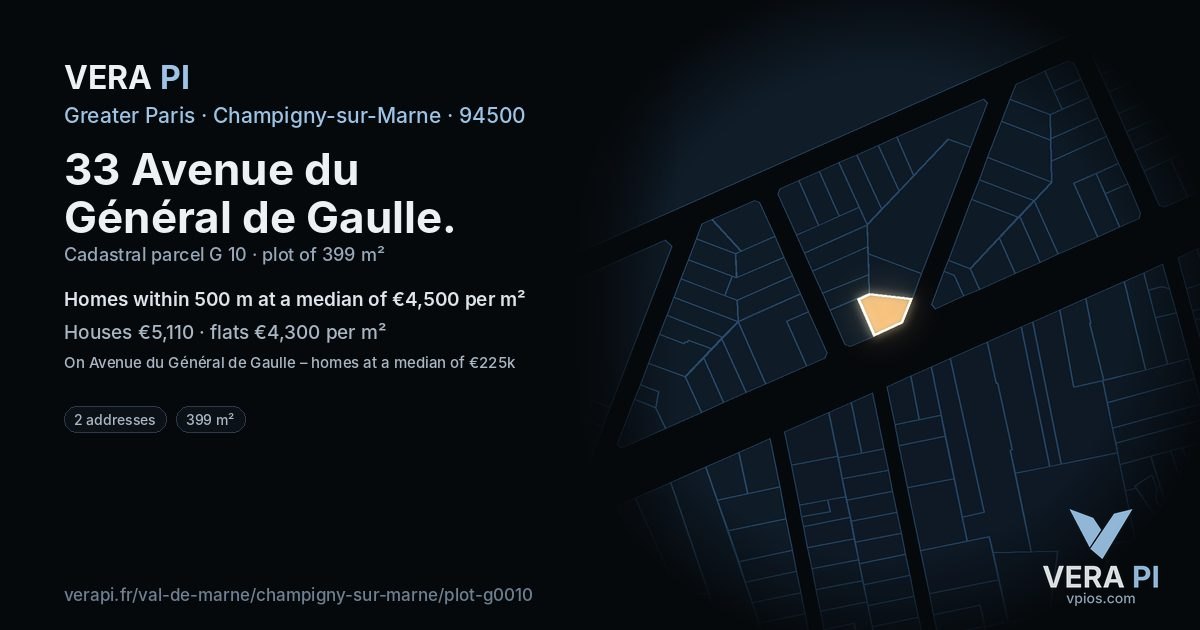 33 Avenue du Général de Gaulle, Champigny-sur-Marne at night – the plot lit, the parcels around coloured by the prices near them