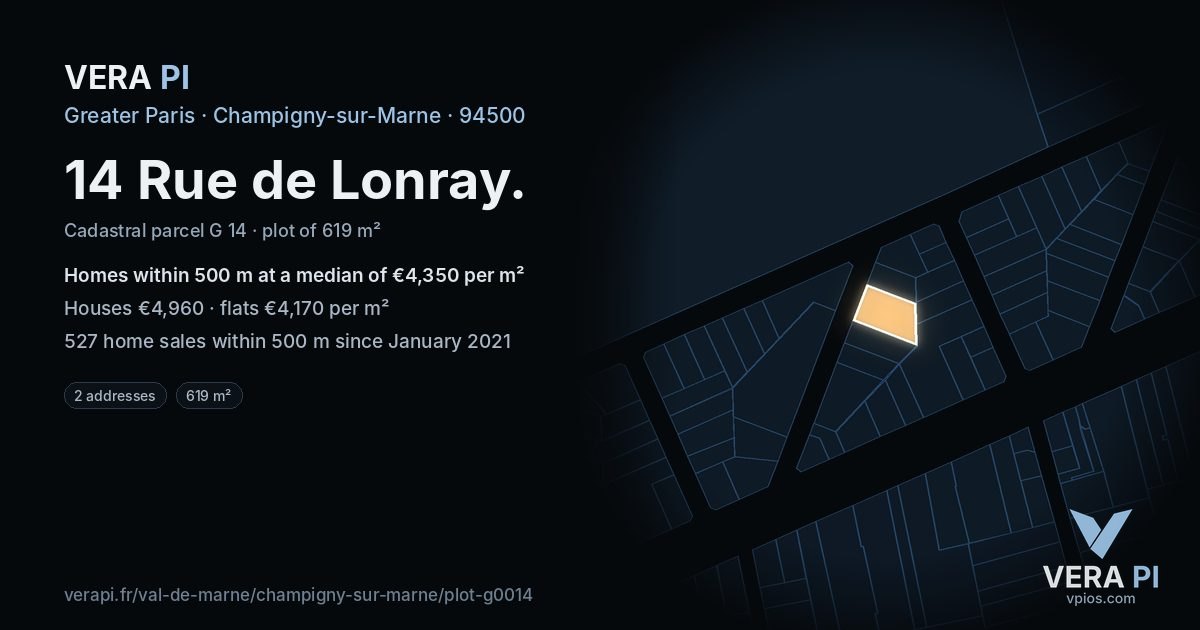 14 Rue de Lonray, Champigny-sur-Marne at night – the plot lit, the parcels around coloured by the prices near them