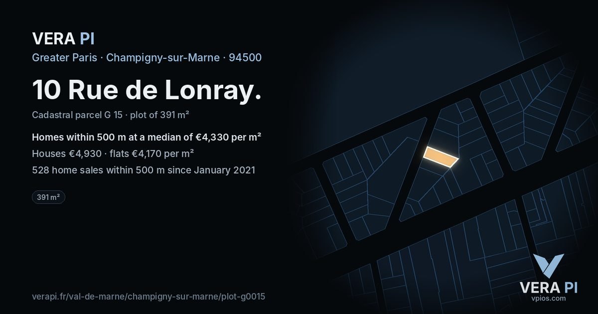 10 Rue de Lonray, Champigny-sur-Marne at night – the plot lit, the parcels around coloured by the prices near them