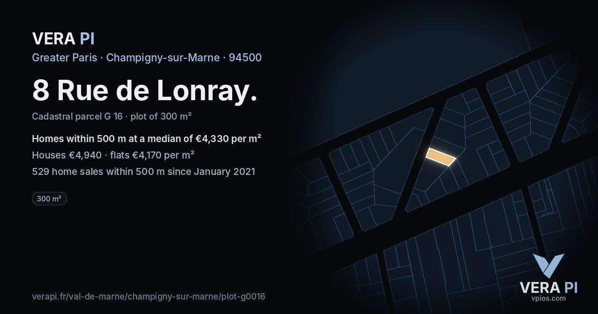 8 Rue de Lonray, Champigny-sur-Marne at night – the plot lit, the parcels around coloured by the prices near them