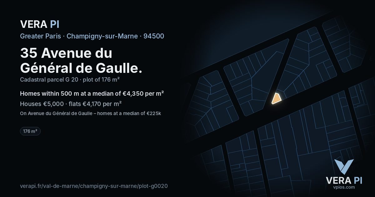 35 Avenue du Général de Gaulle, Champigny-sur-Marne at night – the plot lit, the parcels around coloured by the prices near them