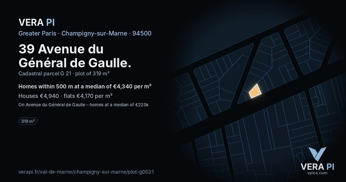 39 Avenue du Général de Gaulle, Champigny-sur-Marne at night – the plot lit, the parcels around coloured by the prices near them