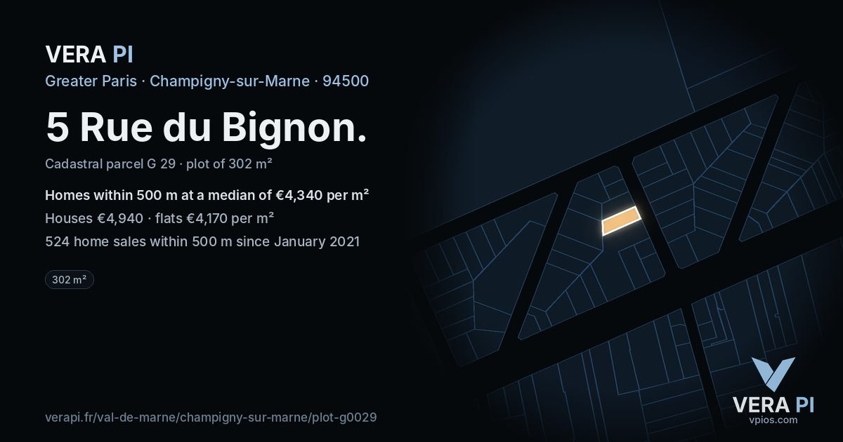 5 Rue du Bignon, Champigny-sur-Marne at night – the plot lit, the parcels around coloured by the prices near them