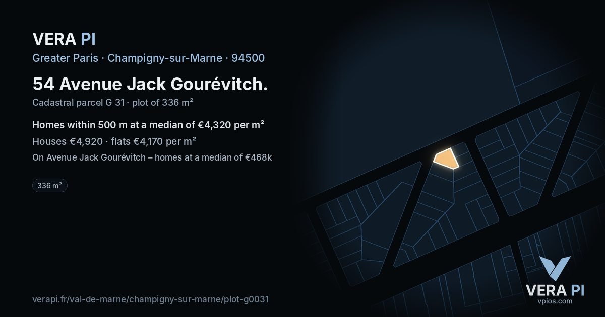 54 Avenue Jack Gourévitch, Champigny-sur-Marne at night – the plot lit, the parcels around coloured by the prices near them