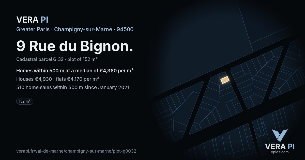 9 Rue du Bignon, Champigny-sur-Marne at night – the plot lit, the parcels around coloured by the prices near them