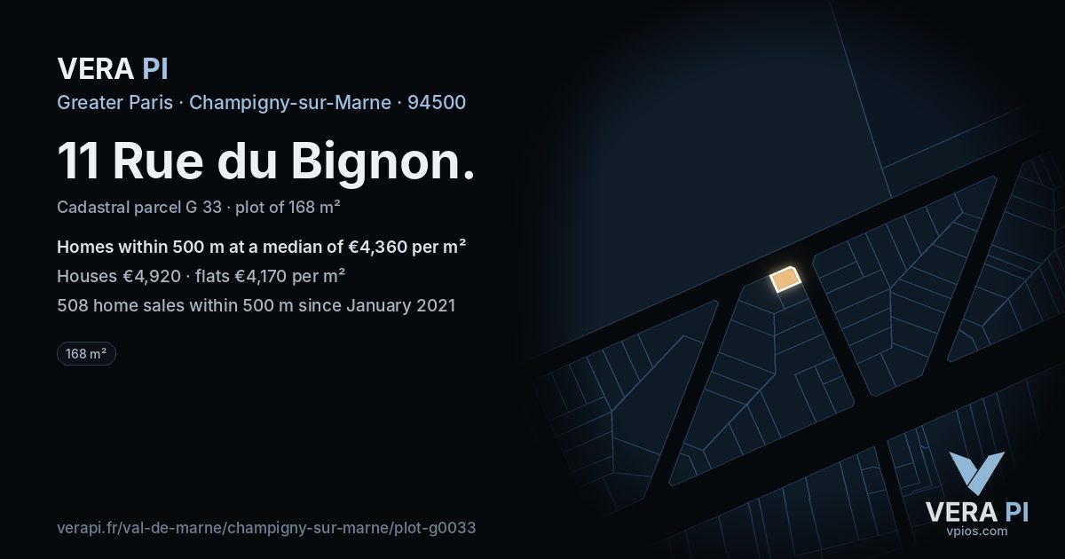 11 Rue du Bignon, Champigny-sur-Marne at night – the plot lit, the parcels around coloured by the prices near them