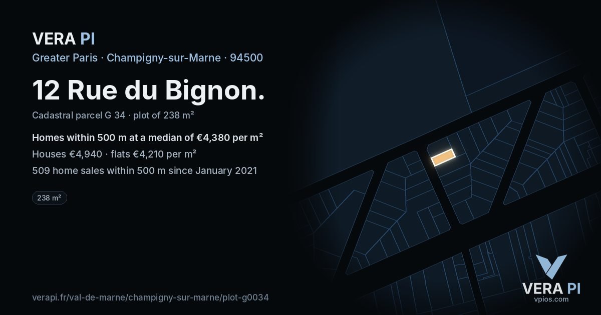 12 Rue du Bignon, Champigny-sur-Marne at night – the plot lit, the parcels around coloured by the prices near them