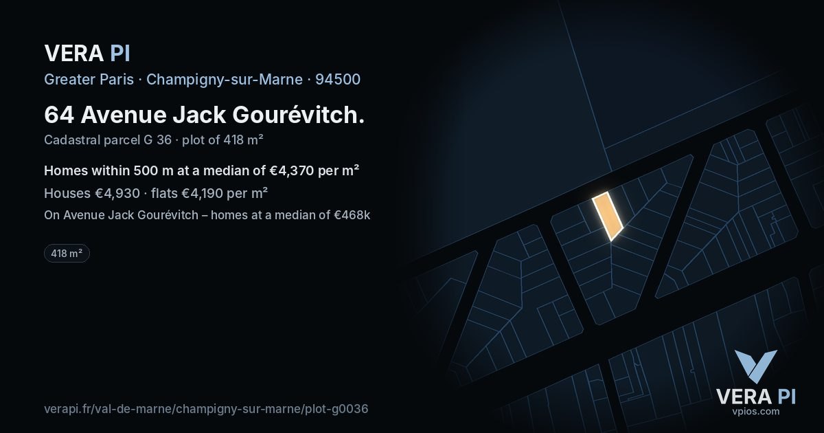 64 Avenue Jack Gourévitch, Champigny-sur-Marne at night – the plot lit, the parcels around coloured by the prices near them