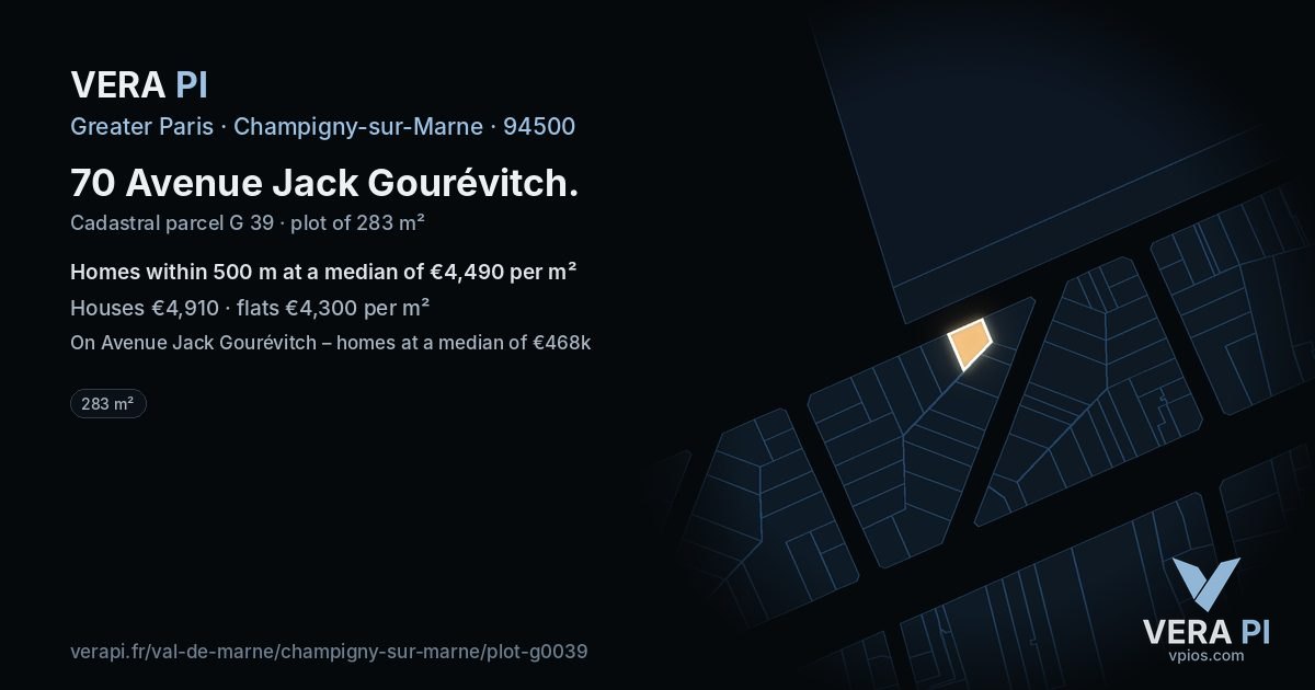 70 Avenue Jack Gourévitch, Champigny-sur-Marne at night – the plot lit, the parcels around coloured by the prices near them