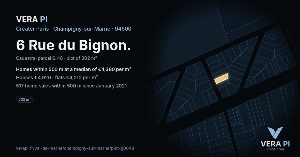 6 Rue du Bignon, Champigny-sur-Marne at night – the plot lit, the parcels around coloured by the prices near them
