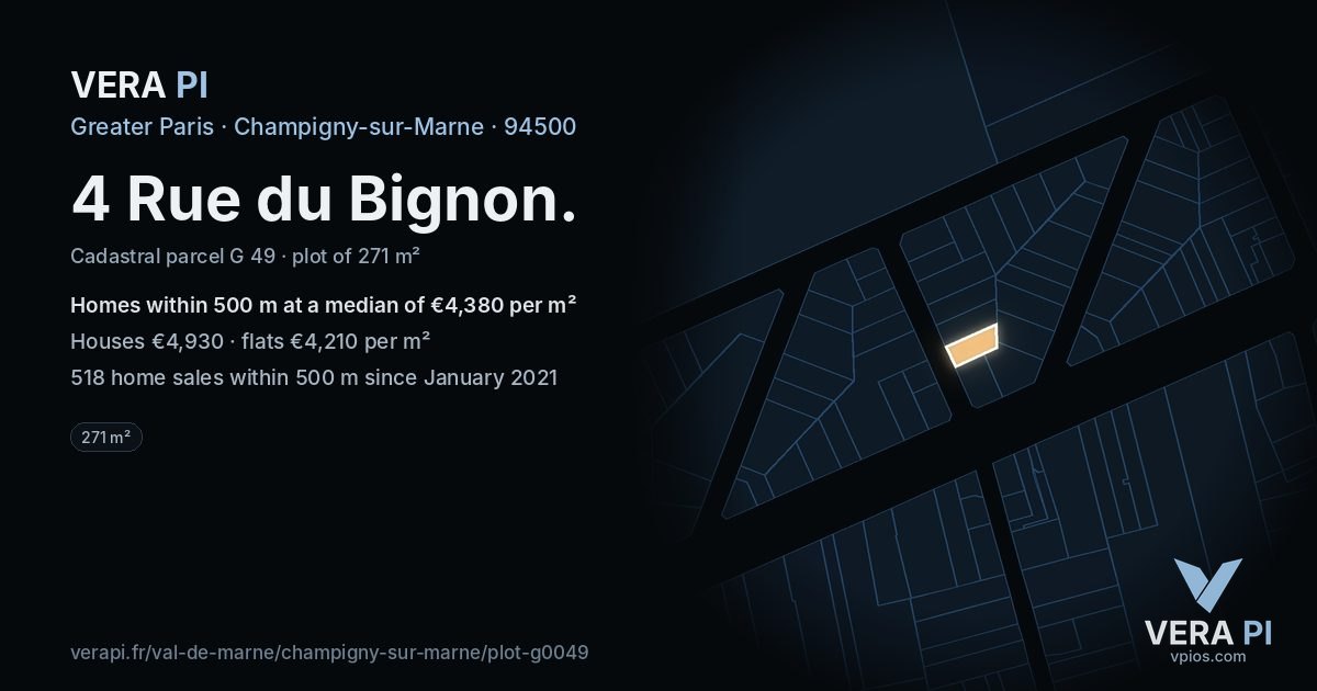 4 Rue du Bignon, Champigny-sur-Marne at night – the plot lit, the parcels around coloured by the prices near them