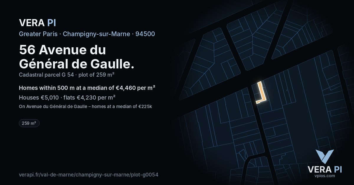 56 Avenue du Général de Gaulle, Champigny-sur-Marne at night – the plot lit, the parcels around coloured by the prices near them