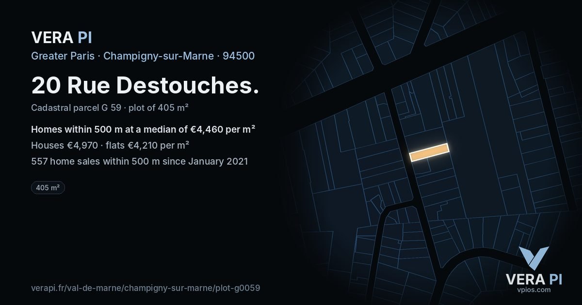 20 Rue Destouches, Champigny-sur-Marne at night – the plot lit, the parcels around coloured by the prices near them