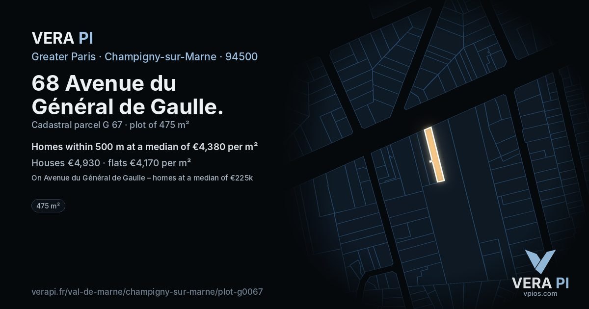 68 Avenue du Général de Gaulle, Champigny-sur-Marne at night – the plot lit, the parcels around coloured by the prices near them