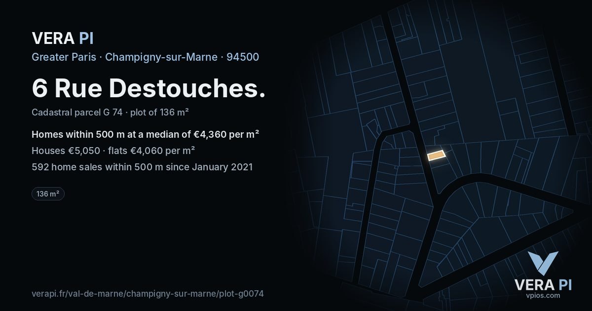 6 Rue Destouches, Champigny-sur-Marne at night – the plot lit, the parcels around coloured by the prices near them