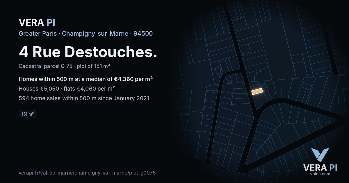 4 Rue Destouches, Champigny-sur-Marne at night – the plot lit, the parcels around coloured by the prices near them