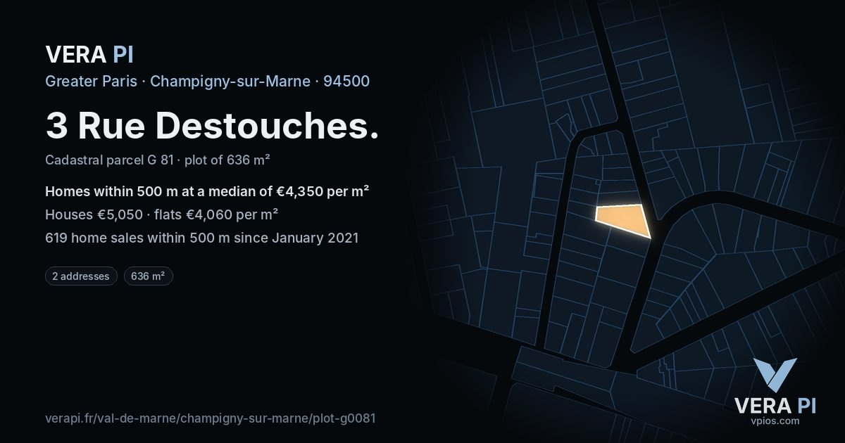 3 Rue Destouches, Champigny-sur-Marne at night – the plot lit, the parcels around coloured by the prices near them