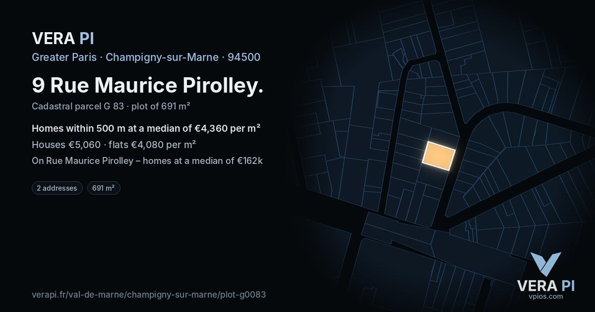 9 Rue Maurice Pirolley, Champigny-sur-Marne at night – the plot lit, the parcels around coloured by the prices near them