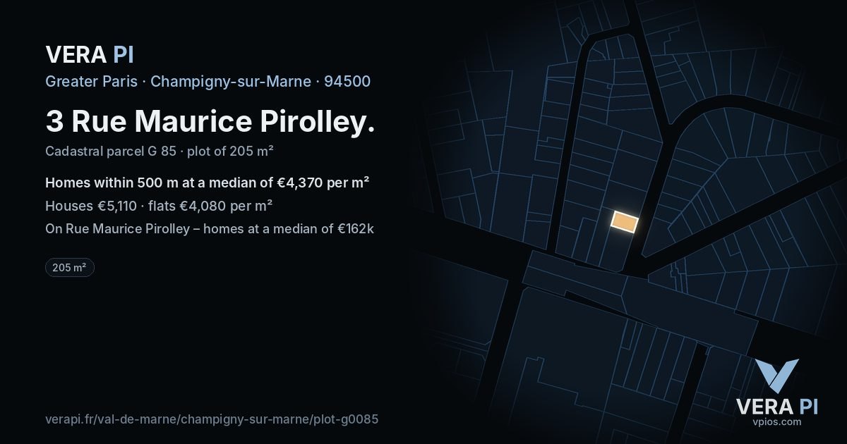 3 Rue Maurice Pirolley, Champigny-sur-Marne at night – the plot lit, the parcels around coloured by the prices near them