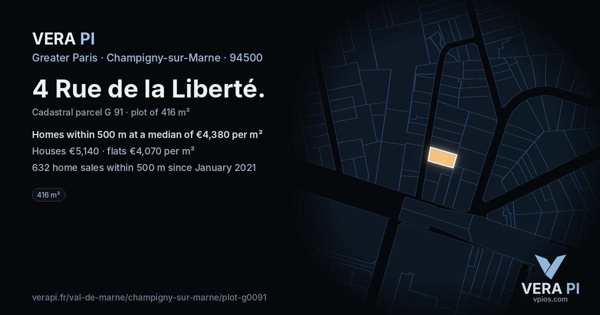 4 Rue de la Liberté, Champigny-sur-Marne at night – the plot lit, the parcels around coloured by the prices near them