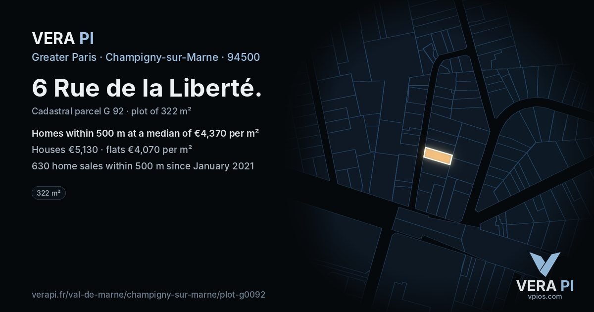 6 Rue de la Liberté, Champigny-sur-Marne at night – the plot lit, the parcels around coloured by the prices near them
