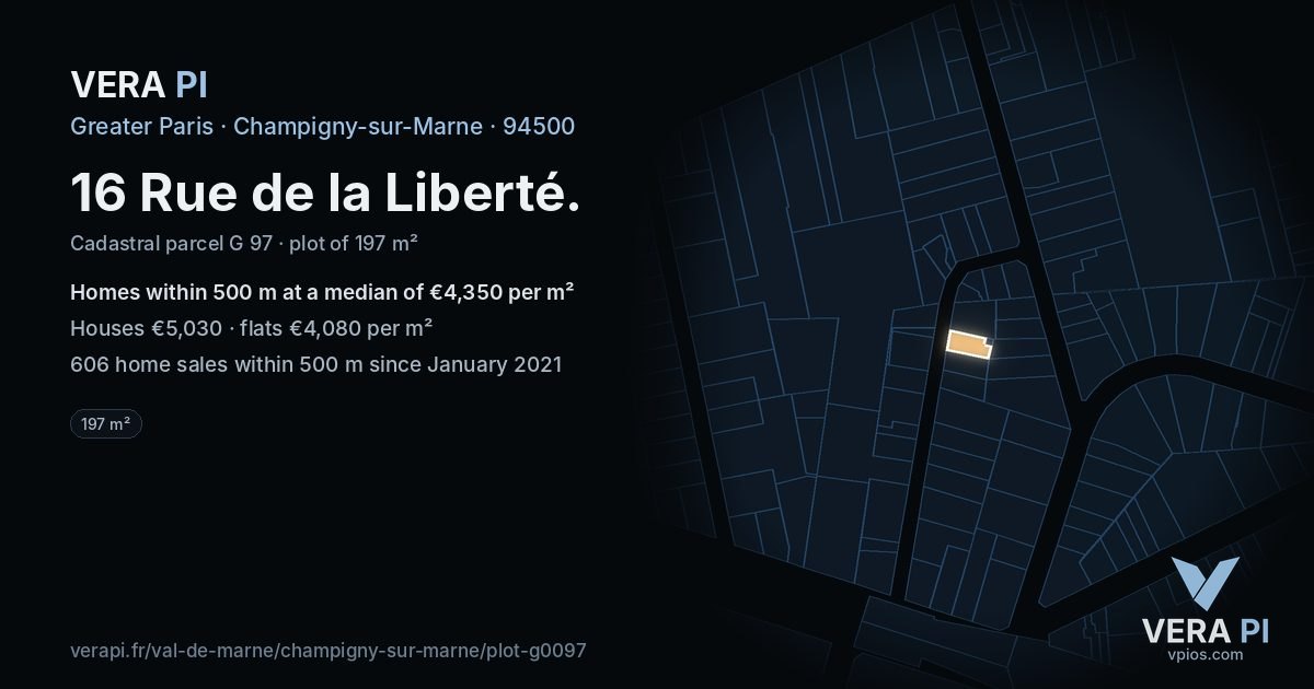 16 Rue de la Liberté, Champigny-sur-Marne at night – the plot lit, the parcels around coloured by the prices near them