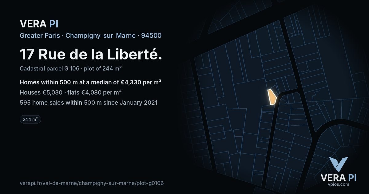 17 Rue de la Liberté, Champigny-sur-Marne at night – the plot lit, the parcels around coloured by the prices near them