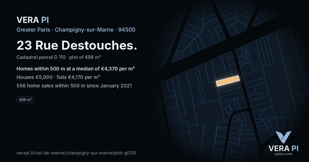 23 Rue Destouches, Champigny-sur-Marne at night – the plot lit, the parcels around coloured by the prices near them