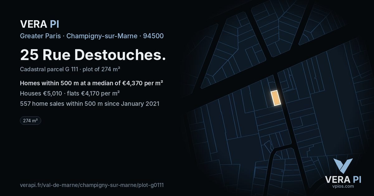 25 Rue Destouches, Champigny-sur-Marne at night – the plot lit, the parcels around coloured by the prices near them