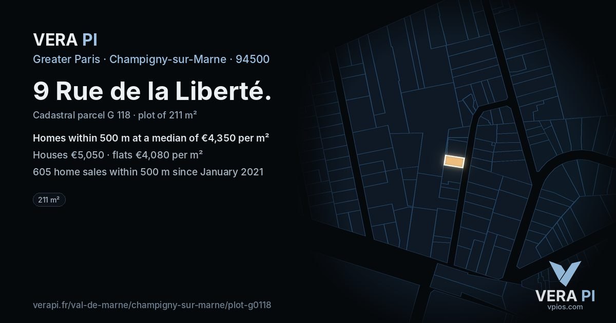9 Rue de la Liberté, Champigny-sur-Marne at night – the plot lit, the parcels around coloured by the prices near them