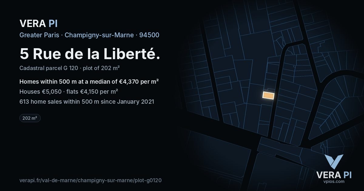5 Rue de la Liberté, Champigny-sur-Marne at night – the plot lit, the parcels around coloured by the prices near them