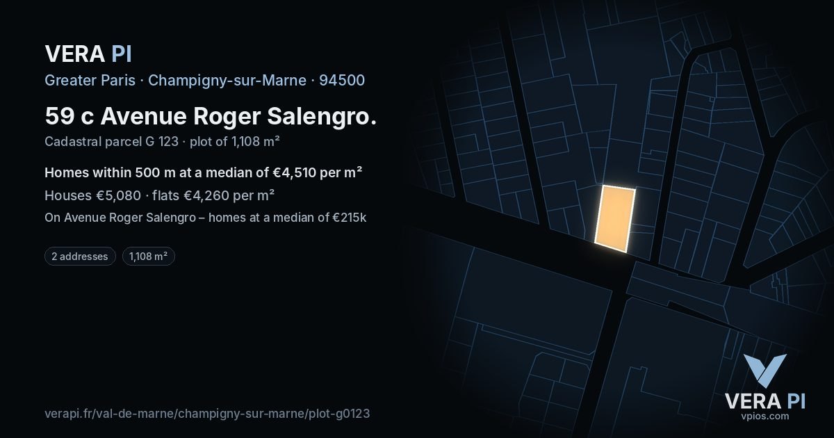 59 c Avenue Roger Salengro, Champigny-sur-Marne at night – the plot lit, the parcels around coloured by the prices near them